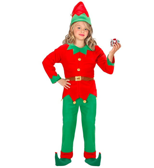 Elf-Kostüm Set mit grünem Mantel, Hose und spitzem Hut auf weißem Hintergrund