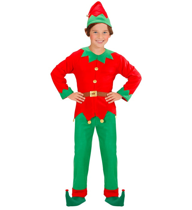 Elf-Kostüm Set mit grünem Mantel, Hose und spitzem Hut auf weißem Hintergrund