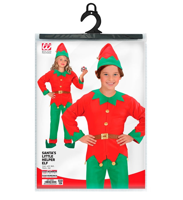 Elf-Kostüm Set mit grünem Mantel, Hose und spitzem Hut auf weißem Hintergrund