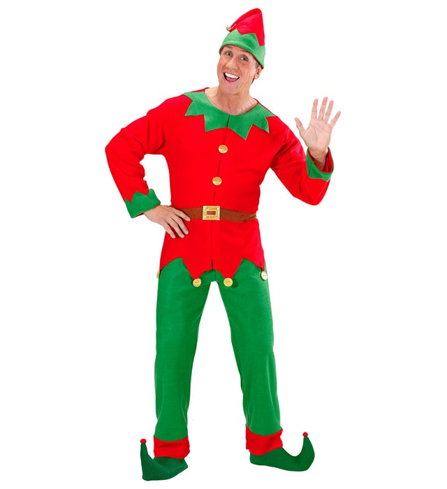 Grünes Elfen-Kostüm mit Gürtel, Hose und spitzem Hut für Weihnachtsfeiern und Fasnacht