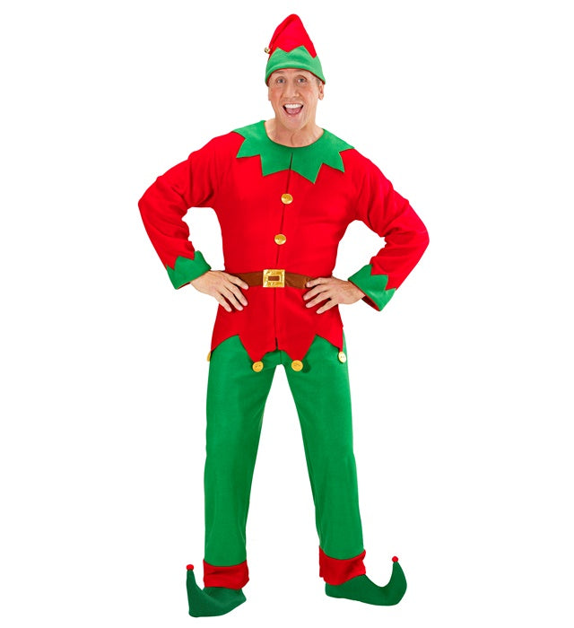 Grünes Elfen-Kostüm mit Gürtel, Hose und spitzem Hut für Weihnachtsfeiern und Fasnacht