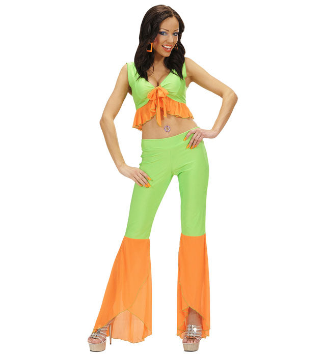 Neonfarbenes Samba de Janeiro Kostüm aus Elasthan mit Top und Hose in Grün und Orange