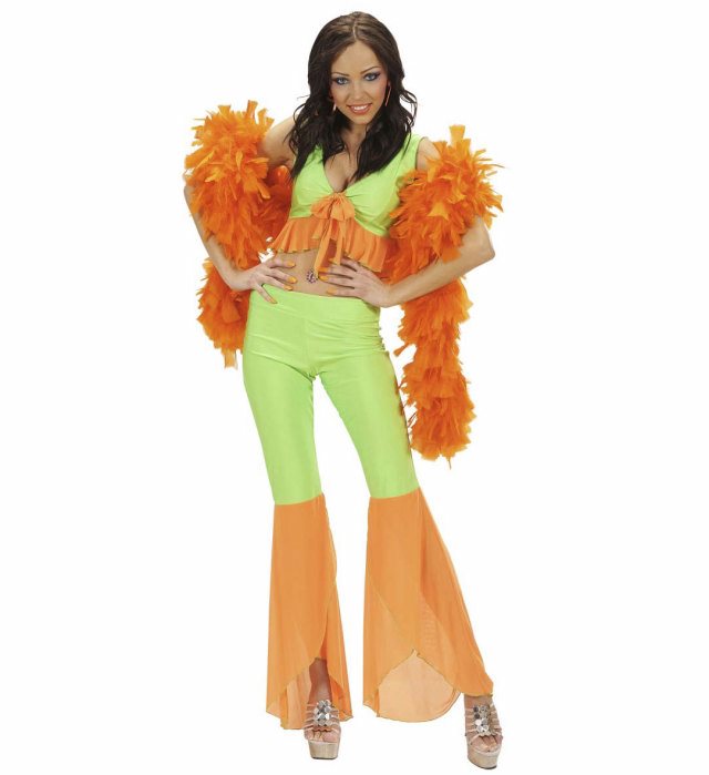 Neonfarbenes Samba de Janeiro Kostüm aus Elasthan mit Top und Hose in Grün und Orange