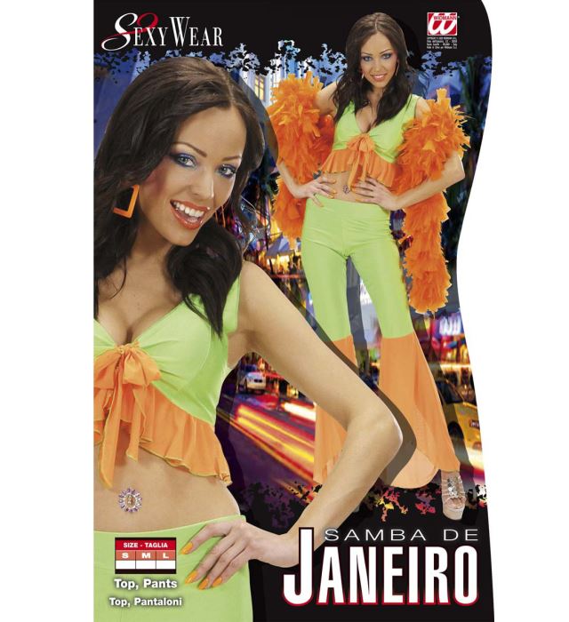 Neonfarbenes Samba de Janeiro Kostüm aus Elasthan mit Top und Hose in Grün und Orange
