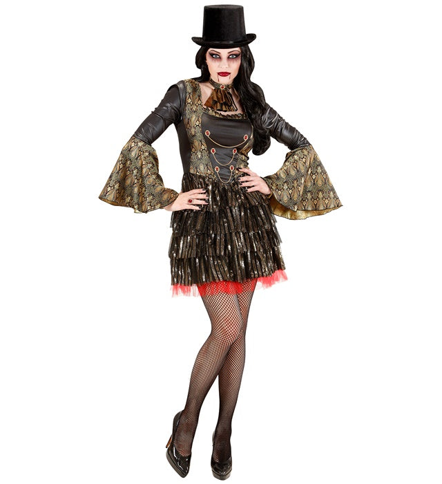 Gotisches schwarzes Vampirinnen-Kleid mit Spitzen-Jabot für Fasnacht und Halloween