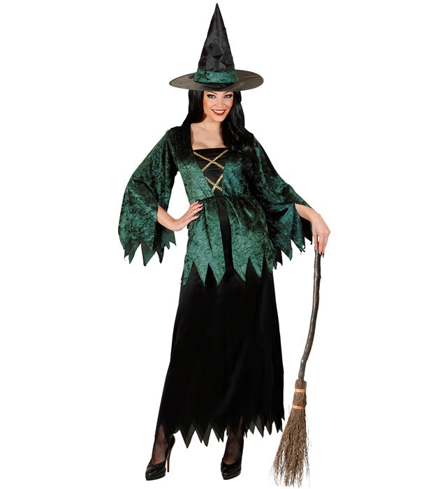Hexen-Kostüm mit schwarzem Kleid und spitzem Hexenhut für Fasnacht