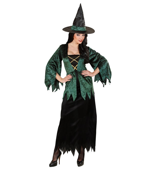 Hexen-Kostüm mit schwarzem Kleid und spitzem Hexenhut für Fasnacht