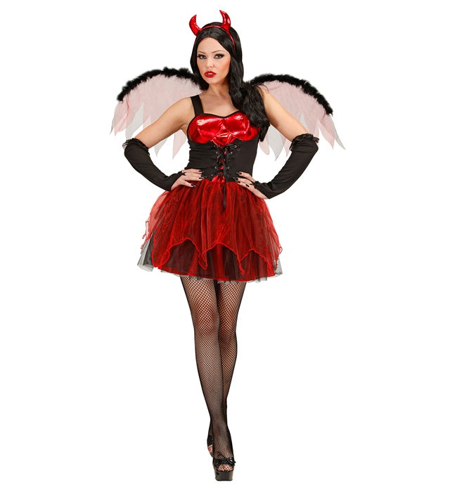 Teufelin Kostüm mit rotem Kleid, Flügeln, fingerlosen Handschuhen und Hörnern