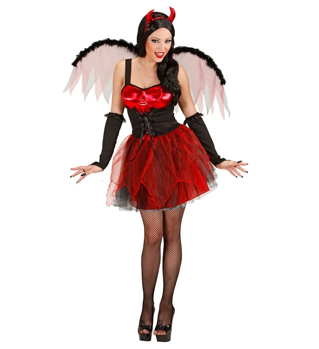 Teufelin Kostüm mit rotem Kleid, Flügeln, fingerlosen Handschuhen und Hörnern