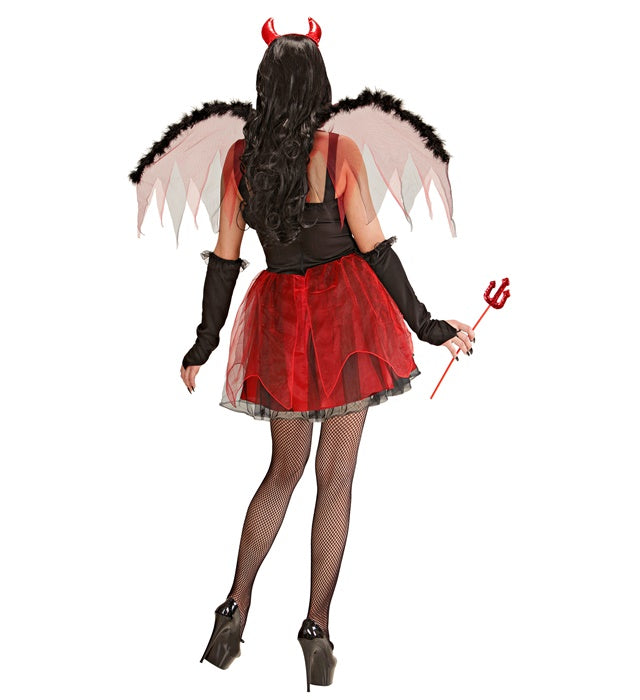 Teufelin Kostüm mit rotem Kleid, Flügeln, fingerlosen Handschuhen und Hörnern