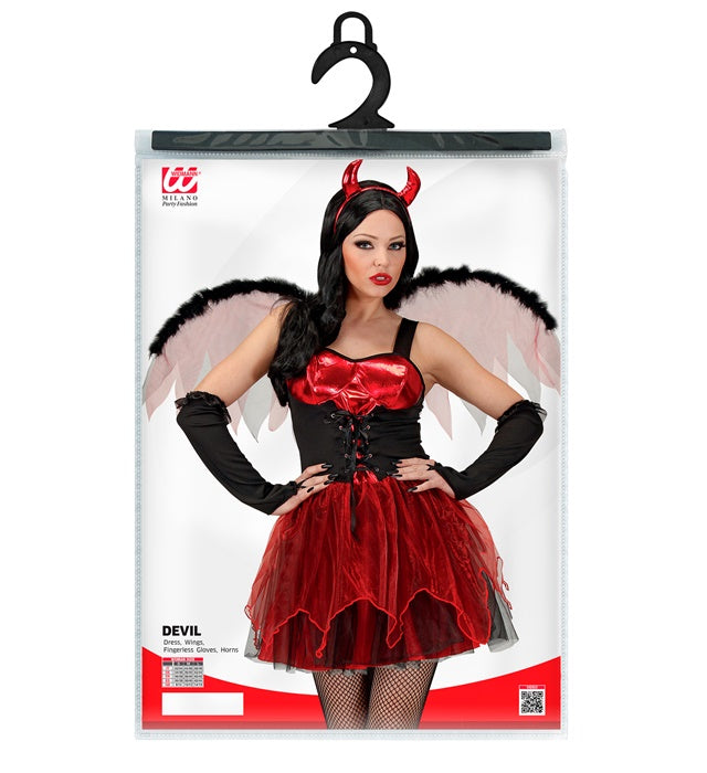 Teufelin Kostüm mit rotem Kleid, Flügeln, fingerlosen Handschuhen und Hörnern