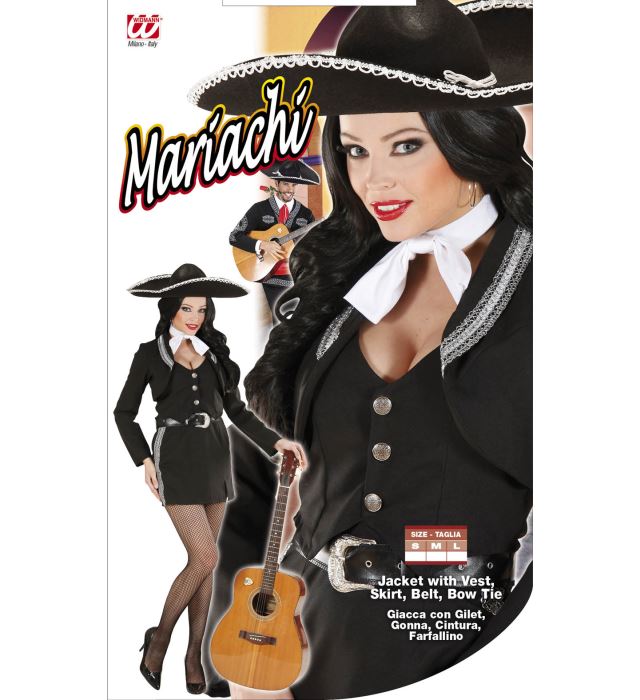 Mariachi-Kostüm mit Jacke, Weste, Rock, Gürtel und Fliege auf weißem Hintergrund
