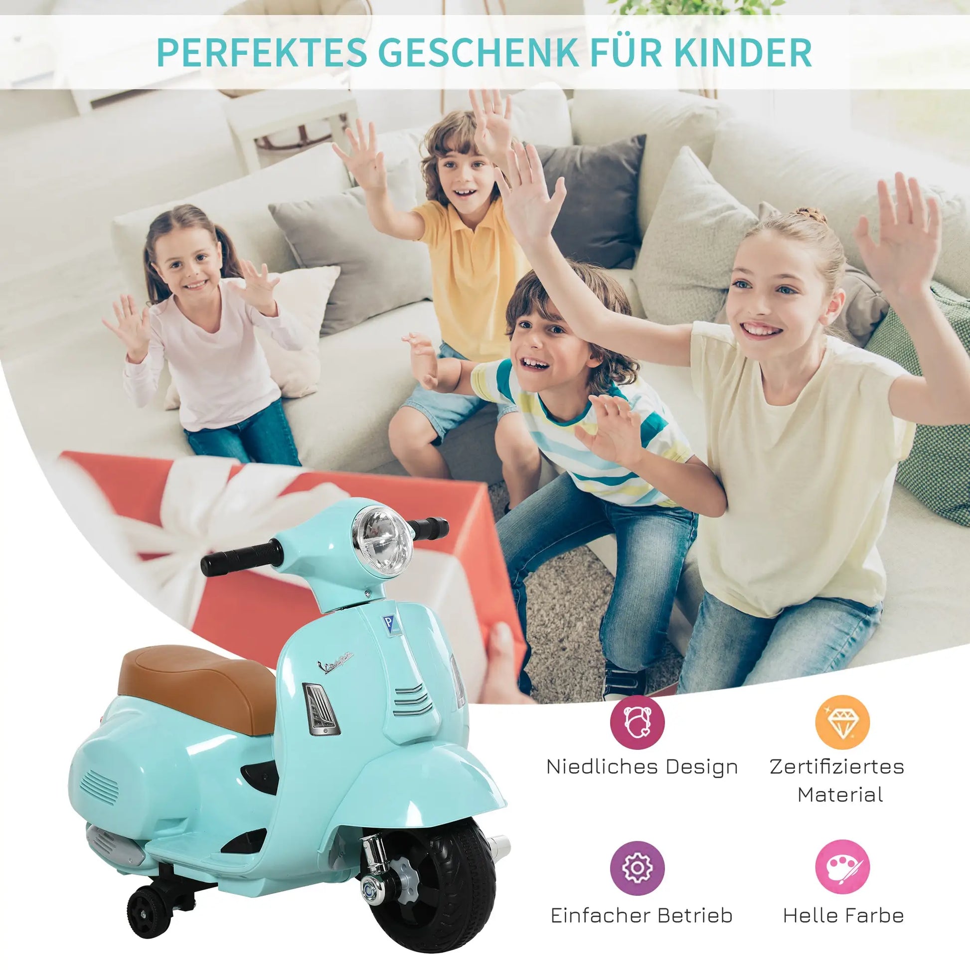 Grünes Vespa Elektromotorrad für Kleinkinder mit LED-Scheinwerfern und abnehmbaren Stützrädern.