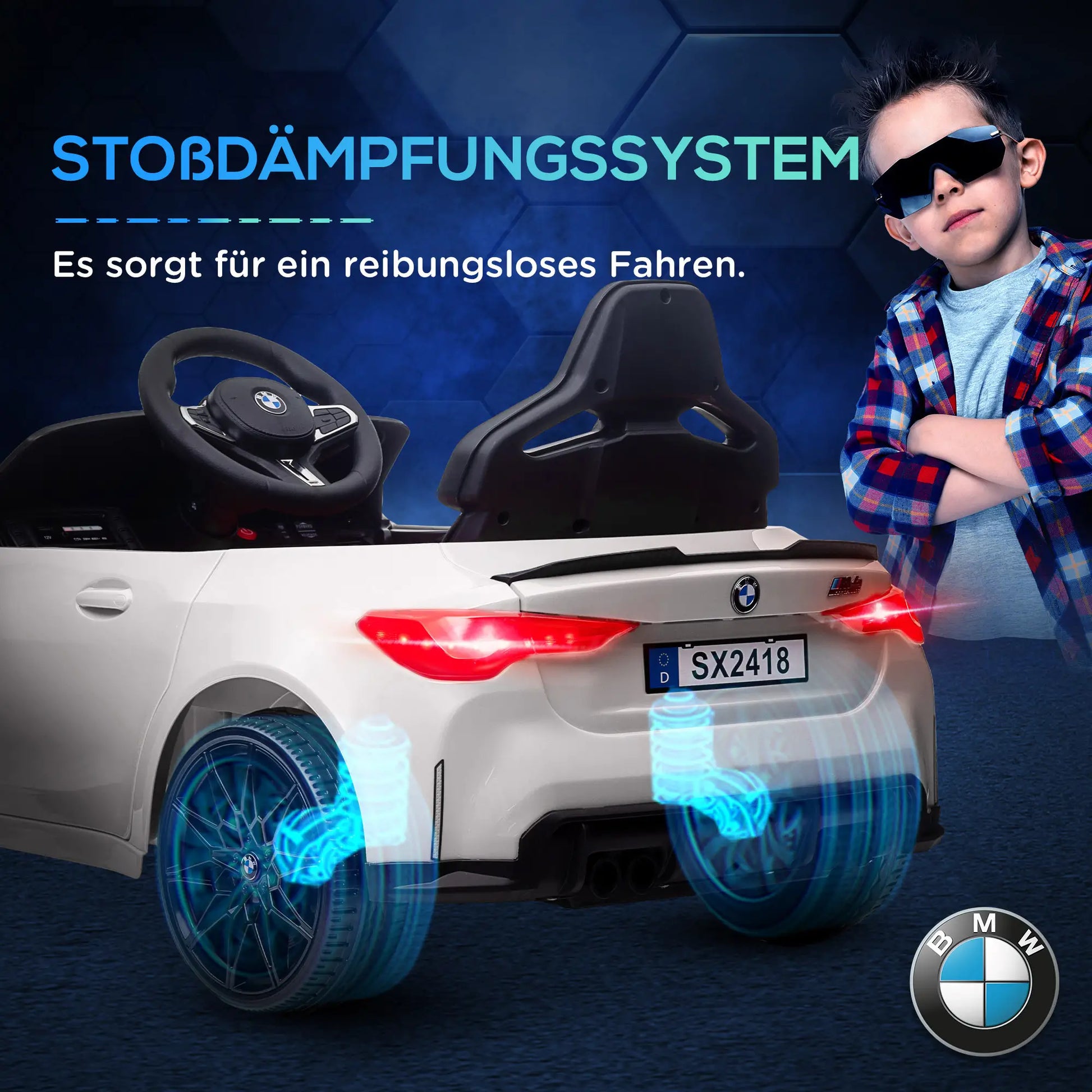 Weißes BMW M4 Elektro Kinderauto mit Fernsteuerung und LED-Scheinwerfern.