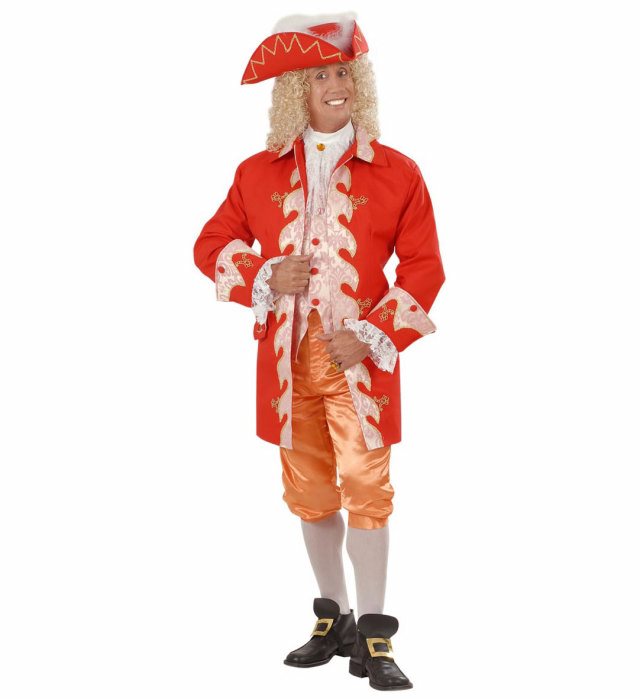 Historisches Kostüm Französisches Königshof 19. Jahrhundert mit langer Jacke, Weste, Jabot, Hose, Schuhschnallen und Hut