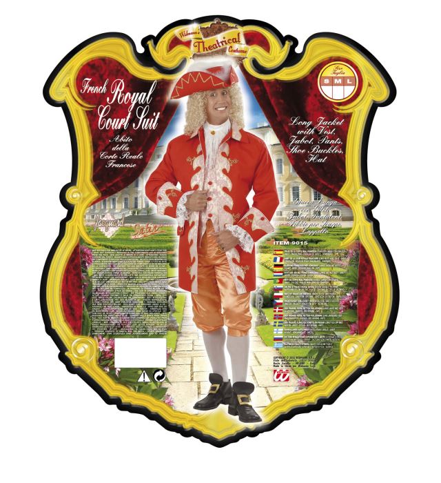 Historisches Kostüm Französisches Königshof 19. Jahrhundert mit langer Jacke, Weste, Jabot, Hose, Schuhschnallen und Hut