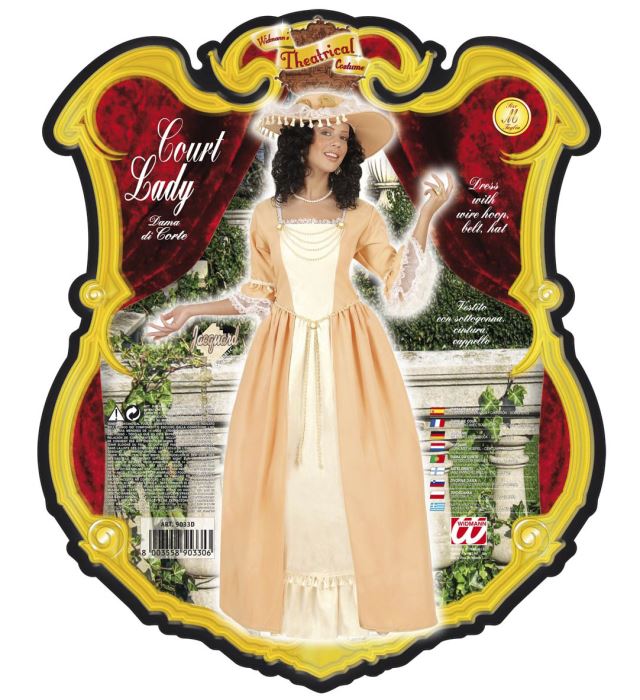 Hofdame-Kostüm mit Kleid, Unterrock, Gürtel und Hut auf weißem Hintergrund