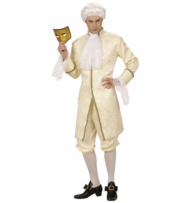 Casanova-Kostüm bestehend aus Jacke, Hose, Jabot und Schuhschnallen auf neutralem Hintergrund