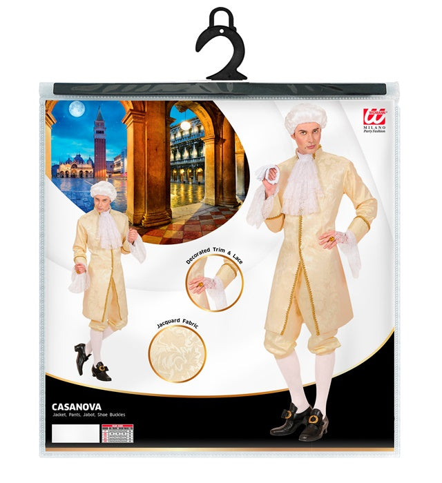 Casanova-Kostüm bestehend aus Jacke, Hose, Jabot und Schuhschnallen auf neutralem Hintergrund