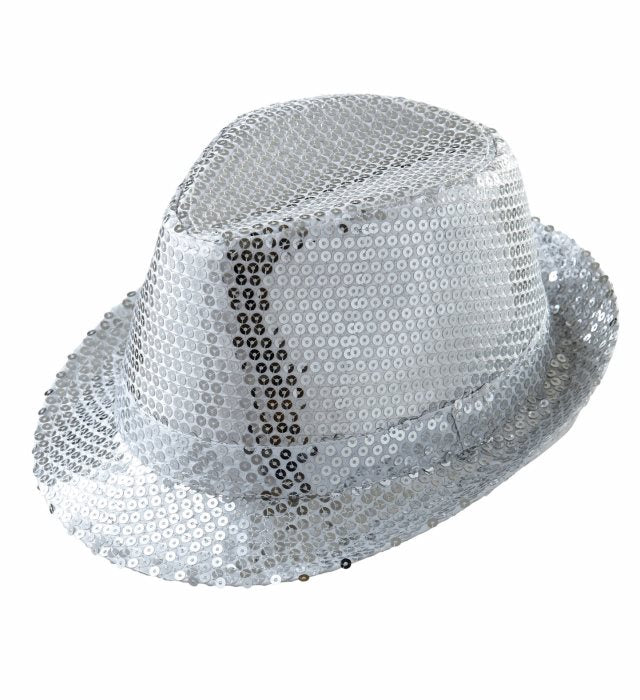 Silberner Fedora Hut mit glänzenden Pailletten als Accessoire für Fasnacht