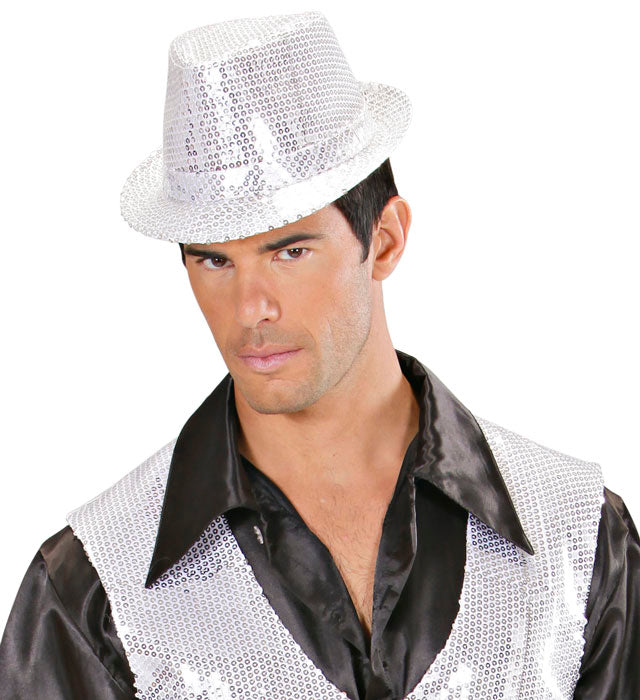 Silberner Fedora Hut mit glänzenden Pailletten als Accessoire für Fasnacht