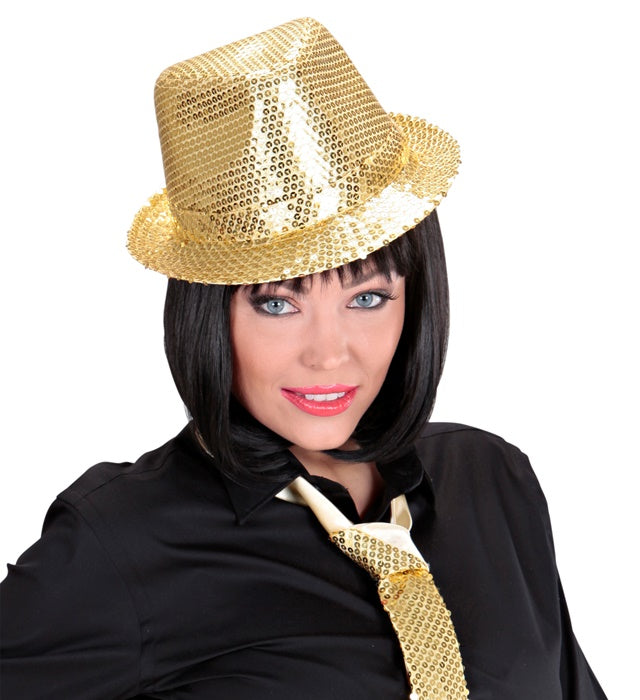 Goldener Fedora Hut mit Pailletten für Fasnacht und Karneval