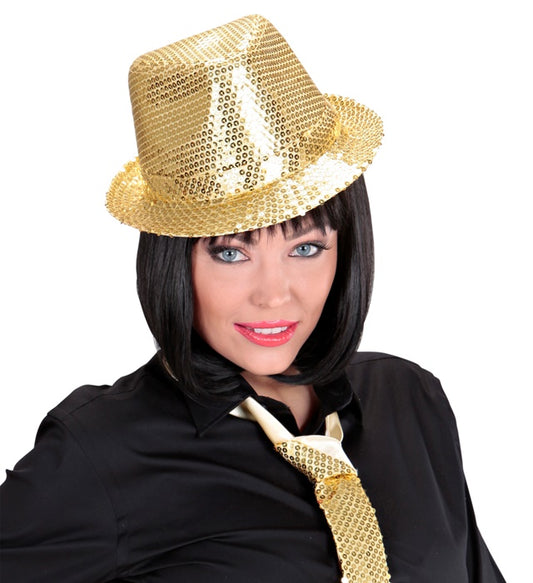 Goldener Fedora Hut mit Pailletten für Fasnacht und Karneval