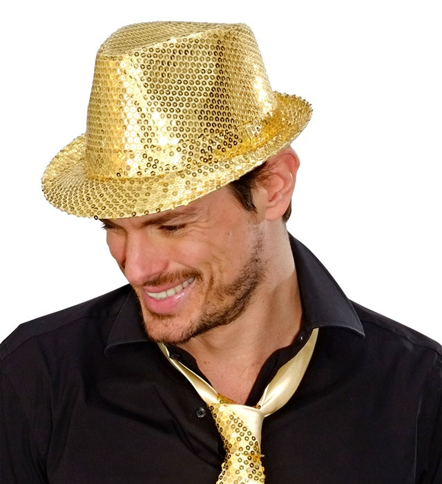 Goldener Fedora Hut mit Pailletten für Fasnacht und Karneval