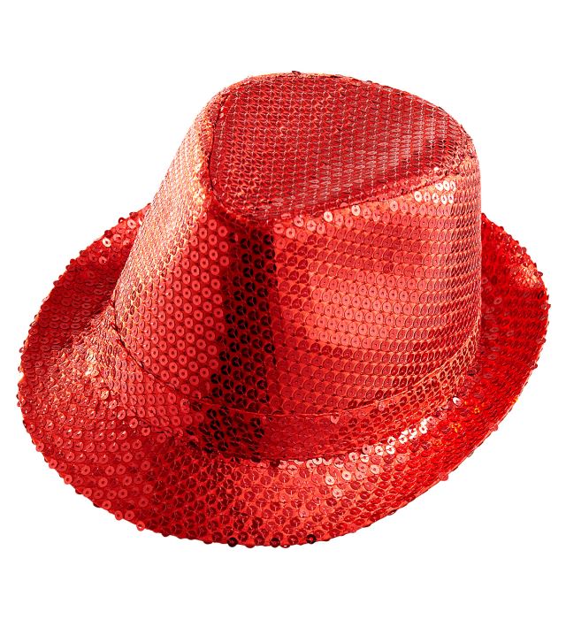 Roter Fedora-Hut mit glänzenden Pailletten, ideal für Fasnacht und Karneval