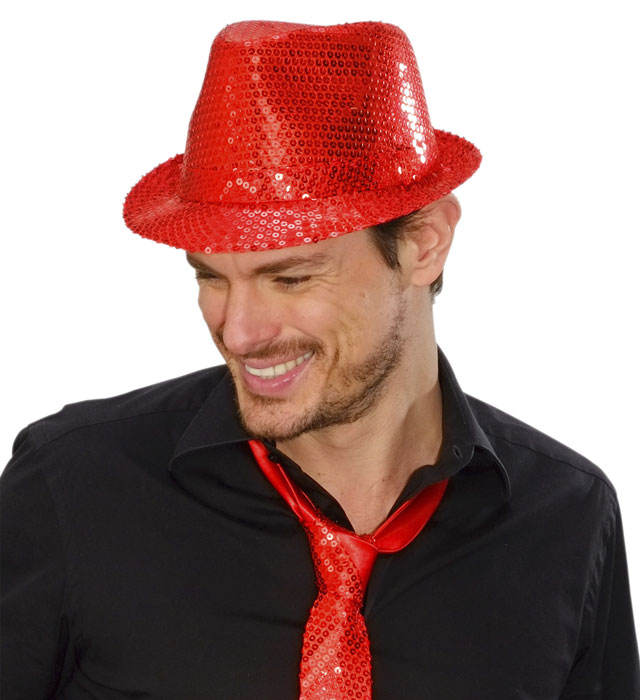 Roter Fedora-Hut mit glänzenden Pailletten, ideal für Fasnacht und Karneval