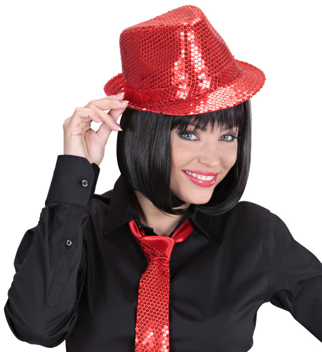 Roter Fedora-Hut mit glänzenden Pailletten, ideal für Fasnacht und Karneval