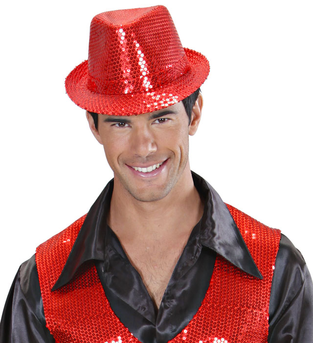 Roter Fedora-Hut mit glänzenden Pailletten, ideal für Fasnacht und Karneval