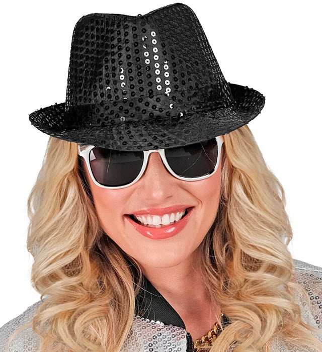 Schwarzer Fedora-Hut mit Pailletten für Fasnacht und Karneval