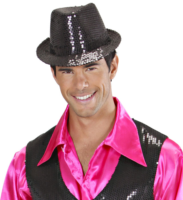 Schwarzer Fedora-Hut mit Pailletten für Fasnacht und Karneval