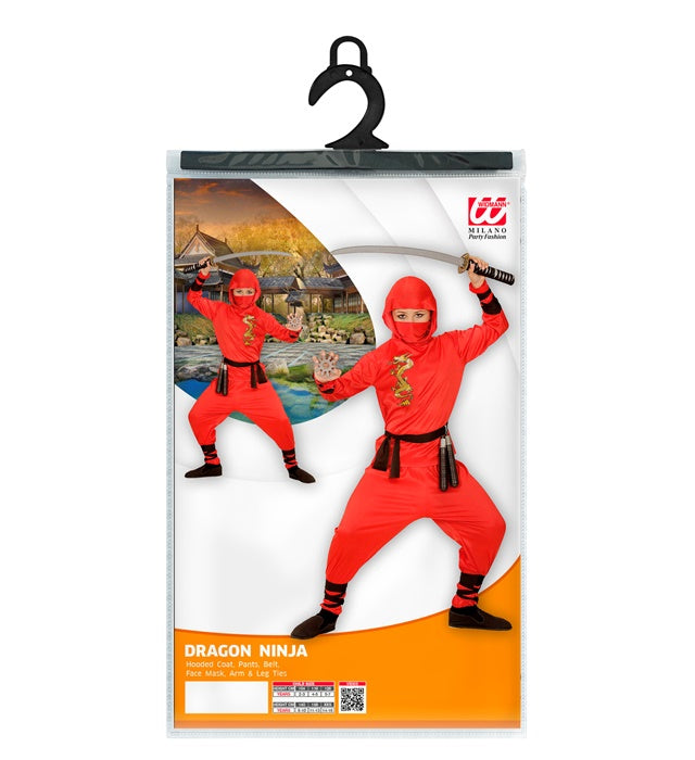 Rotes Ninja-Kostüm mit Kapuze, Maske und Zubehör auf weißem Hintergrund