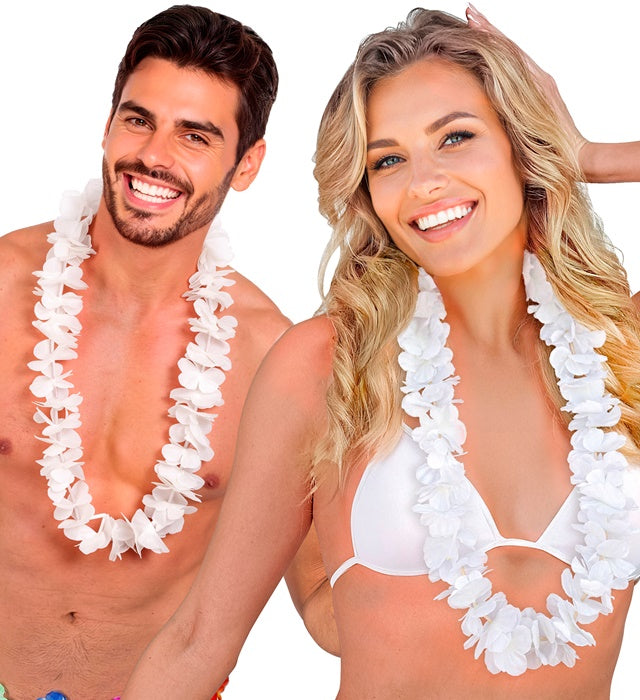 Weiße Hawaiikette mit Kunststoffblüten als Fasnacht und Sommerparty Accessoire