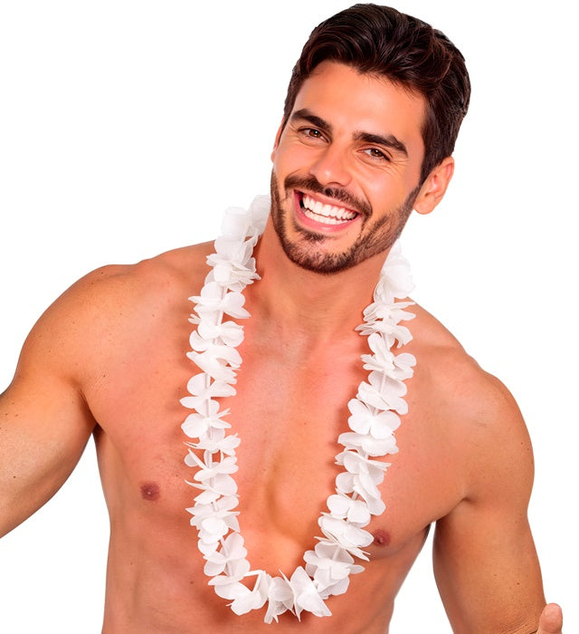 Weiße Hawaiikette mit Kunststoffblüten als Fasnacht und Sommerparty Accessoire