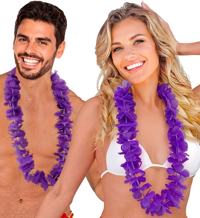 Violette Hawaii-Kette aus farbigen Kunststoffblüten als Fasnacht-Accessoire