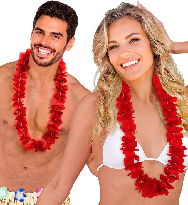 Rote Hawaii-Kette aus Kunststoffblüten für Fasnacht und Karneval