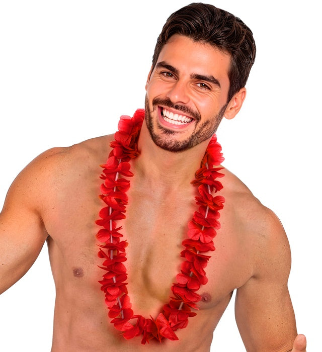 Rote Hawaii-Kette aus Kunststoffblüten für Fasnacht und Karneval