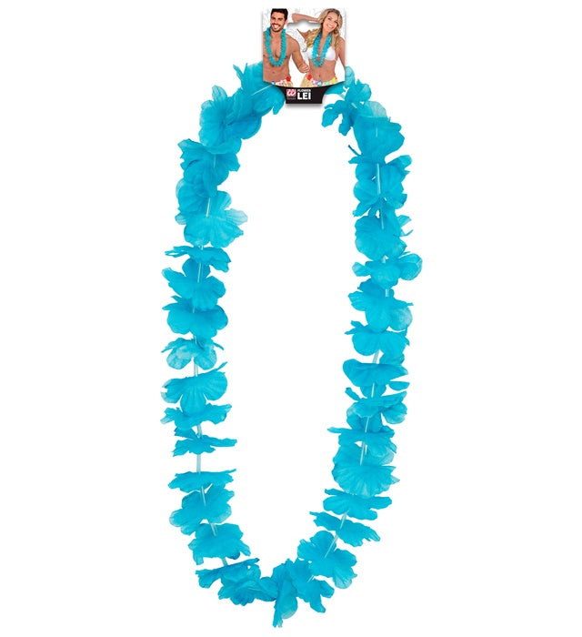 Hellblaue Hawaii-Kette mit Kunststoffblüten für Fasnacht und Karneval
