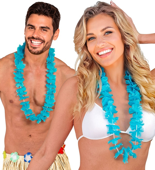 Hellblaue Hawaii-Kette mit Kunststoffblüten für Fasnacht und Karneval