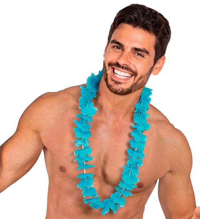 Hellblaue Hawaii-Kette mit Kunststoffblüten für Fasnacht und Karneval