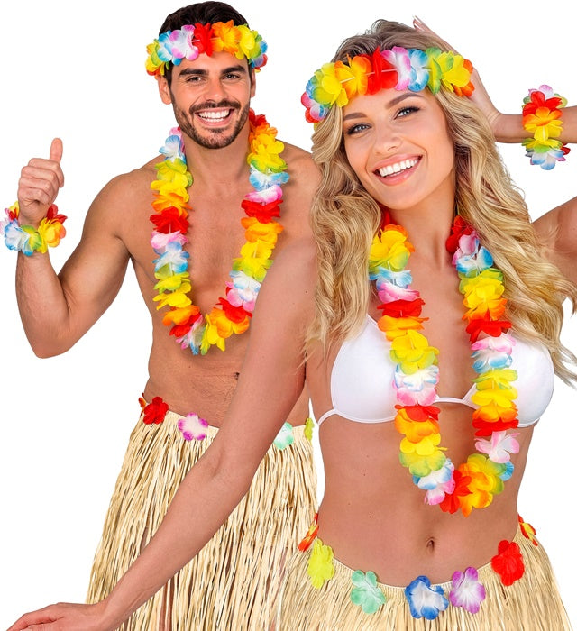 Buntes Luxus Hawaiiset bestehend aus Kette, Stirnband und Armband in leuchtenden Farben