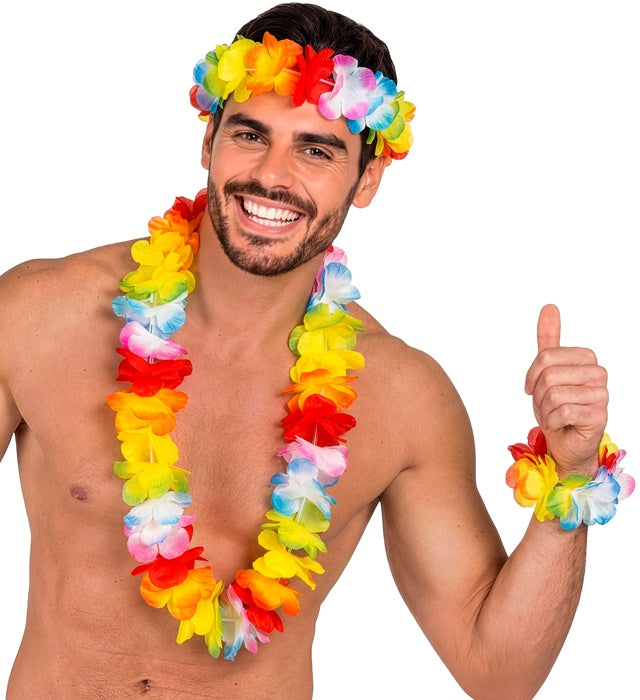 Buntes Luxus Hawaiiset bestehend aus Kette, Stirnband und Armband in leuchtenden Farben