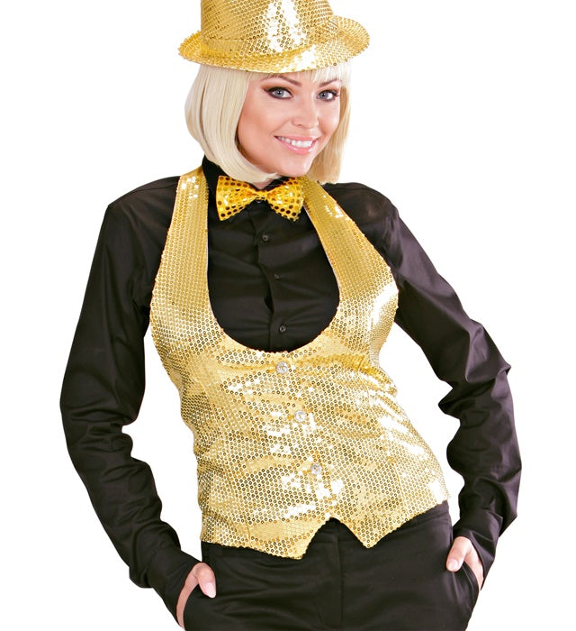 Goldene Paillettenweste für Damen mit glänzenden Pailletten