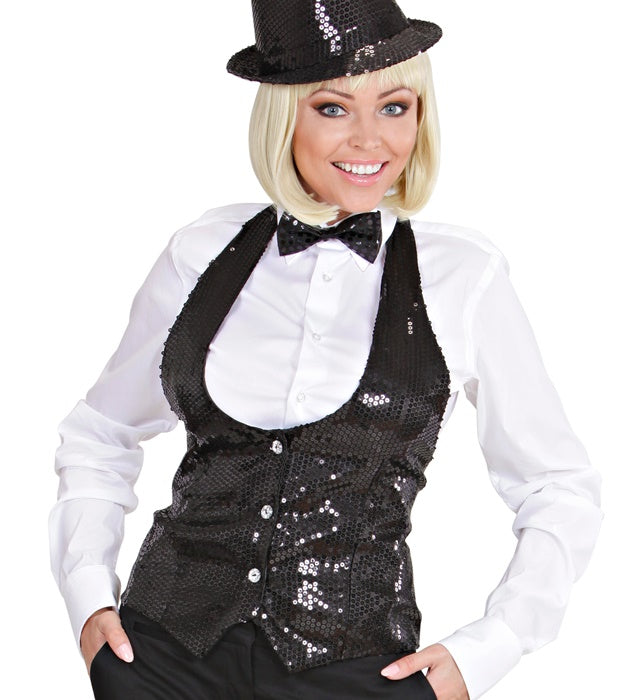 Schwarze Paillettenweste für Damen mit glänzendem Glitzereffekt