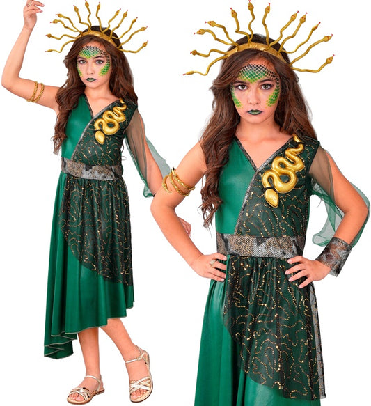 Medusa Kostüm mit grünem Kleid und Haarreif mit Schlangen-Design