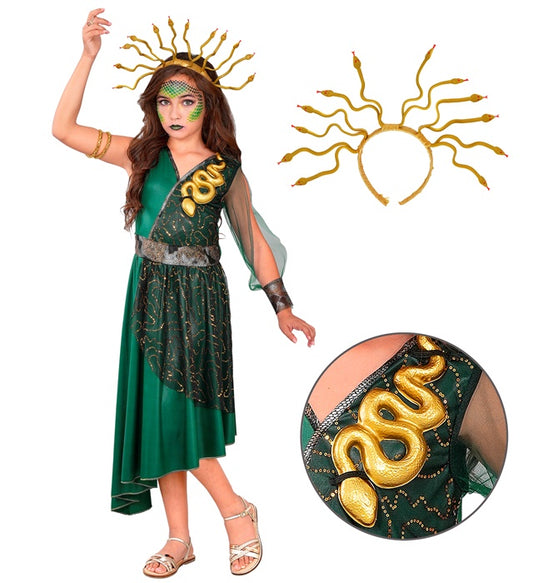 Medusa Kostüm mit grünem Kleid und Haarreif mit Schlangen-Design