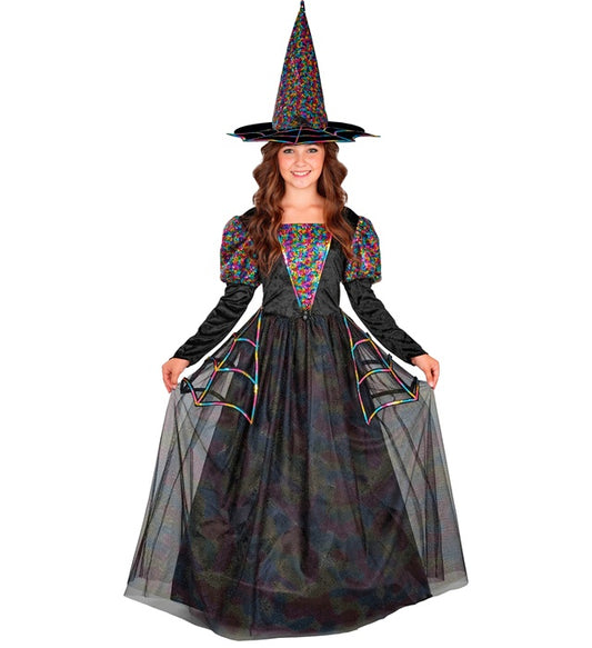 Hexen-Kostüm mit schwarzem Kleid, voluminösem Reifrock und Hexenhut
